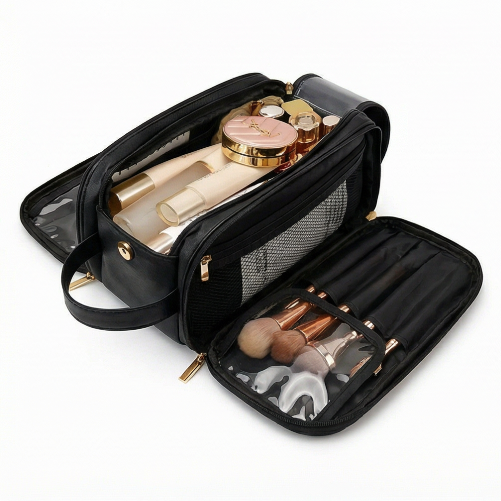 Makeup Organizer Flat-Opening 16 Brush Slots Waterproof PU-Leather