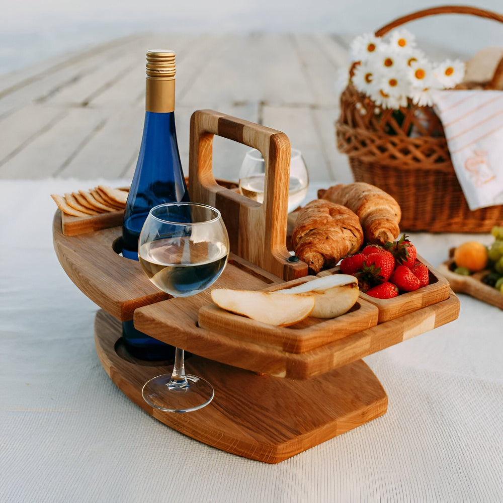 Picnic Table Foldable Wooden Wine & Bottle Holders