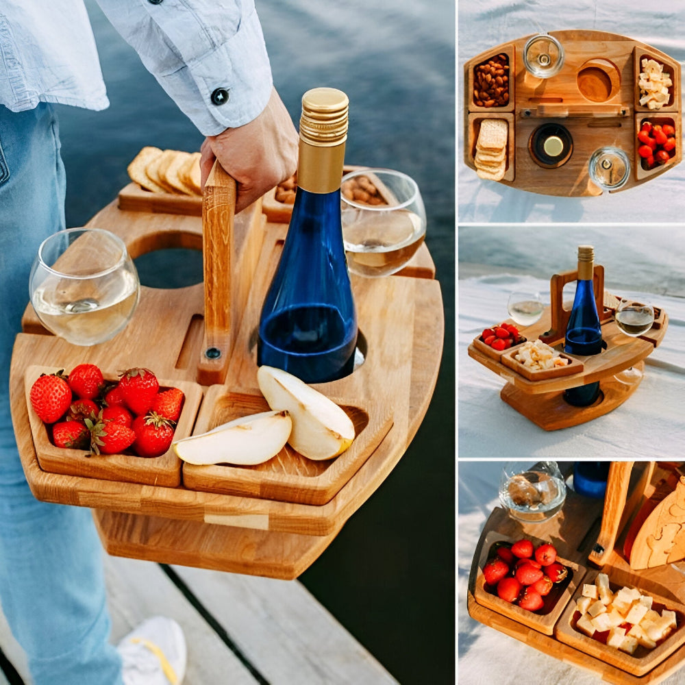 Picnic Table Foldable Wooden Wine & Bottle Holders