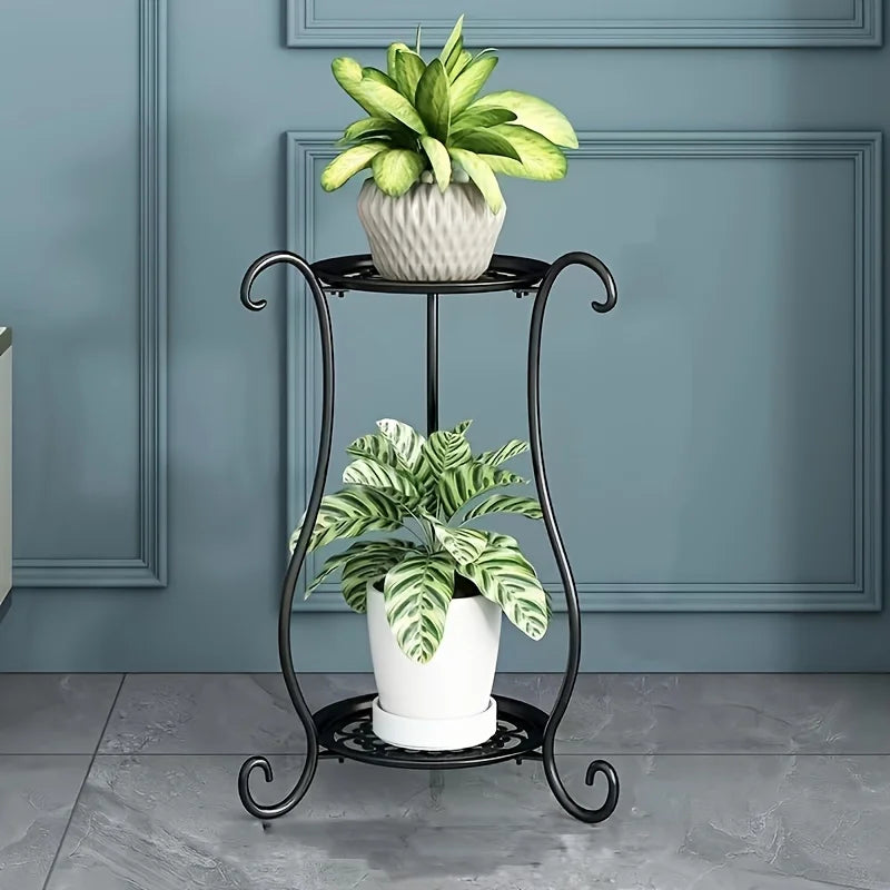 Plant Stand Two-Tier Curved Iron Tool-Free Assembly
