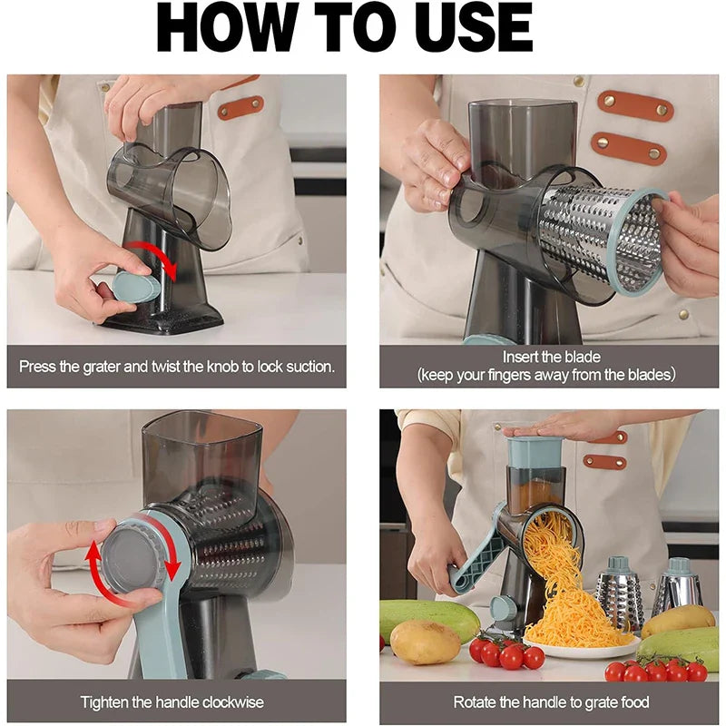 Rotary Grater 3 Interchangeable Stainless Steel Drums Suction Base