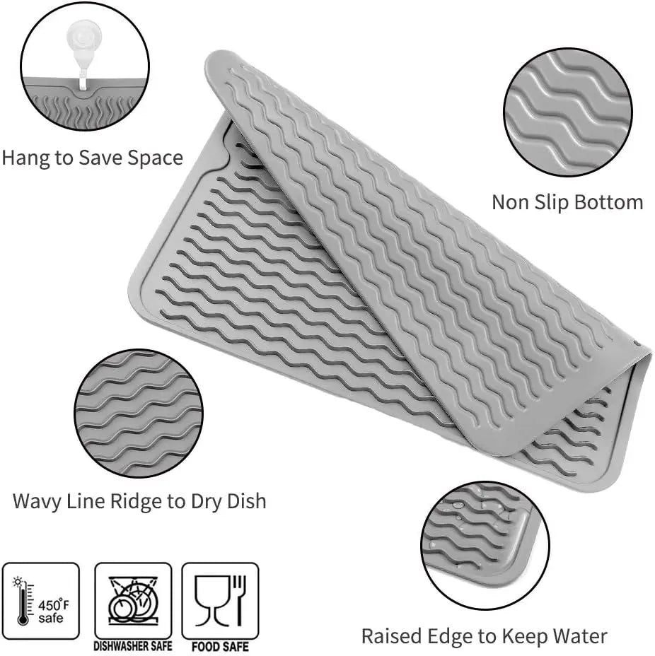 Silicone Drying Mat Ribbed Drainage Heat Resistant & BPA-Free
