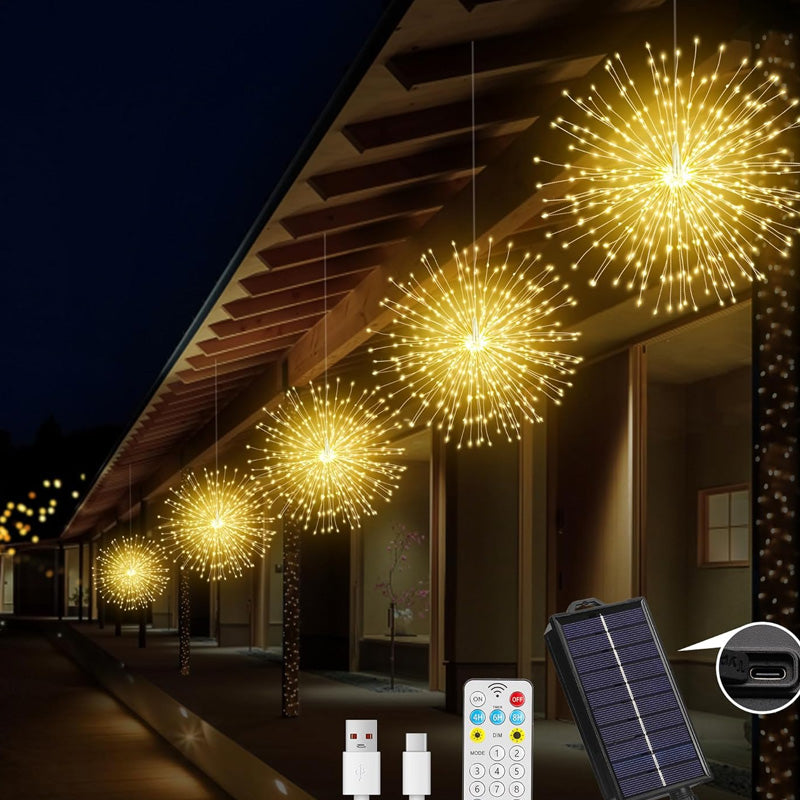 Solar Firework Lights Copper Wire Weatherproof Remote & Timer