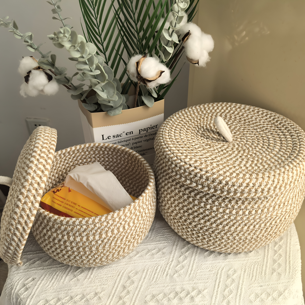 Storage Basket Handwoven Jute-Cotton Lidded Three Sizes
