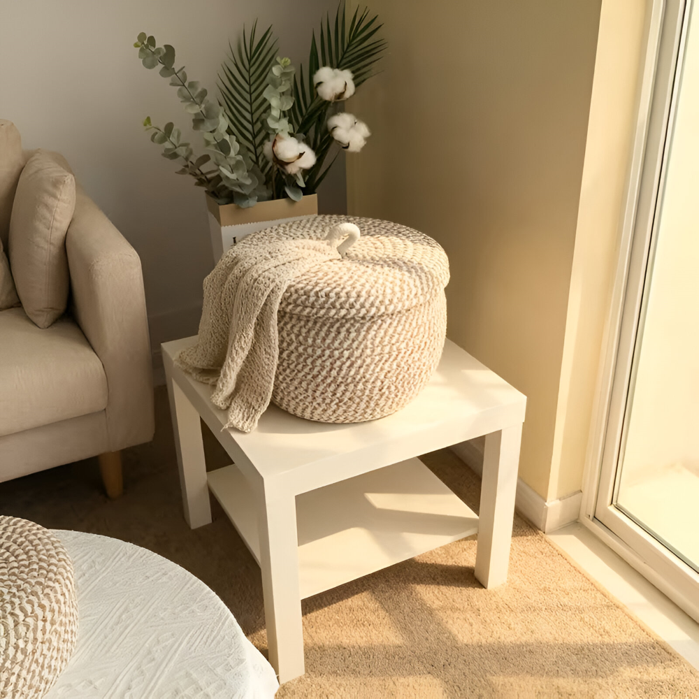 Storage Basket Handwoven Jute-Cotton Lidded Three Sizes