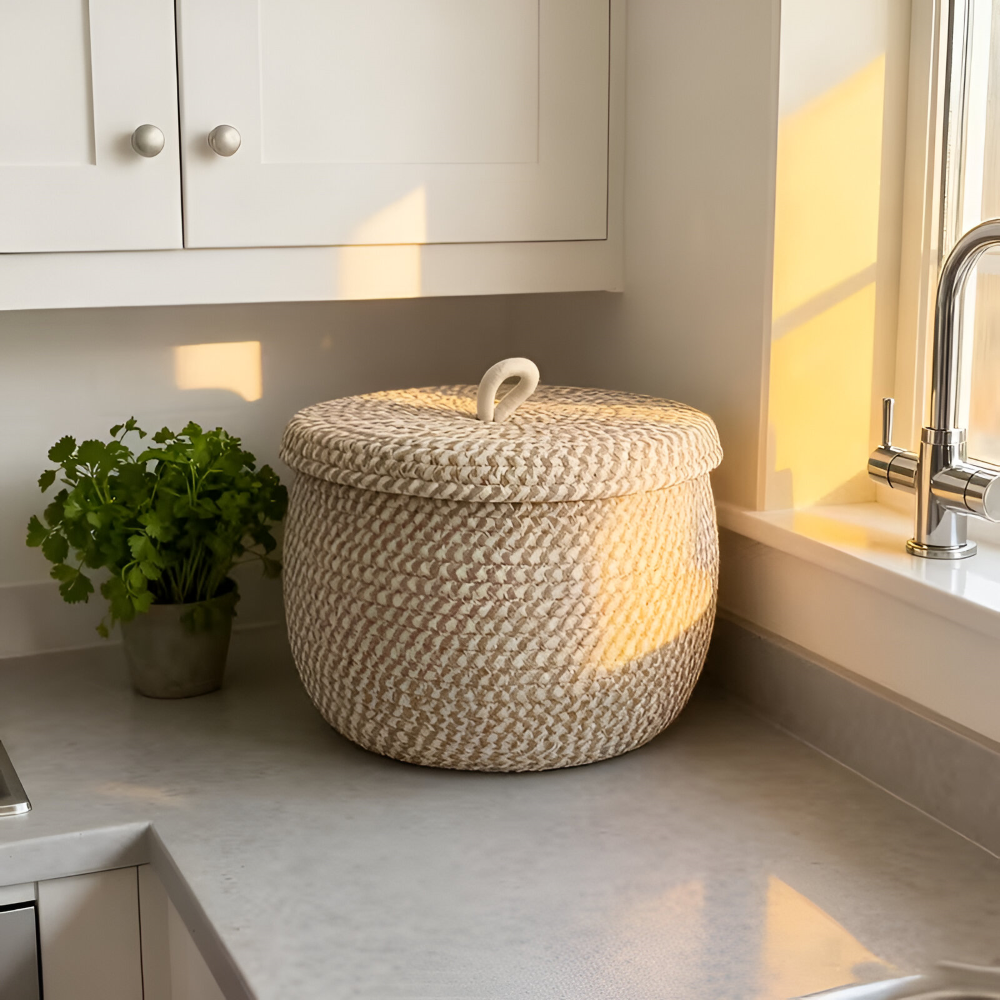 Storage Basket Handwoven Jute-Cotton Lidded Three Sizes