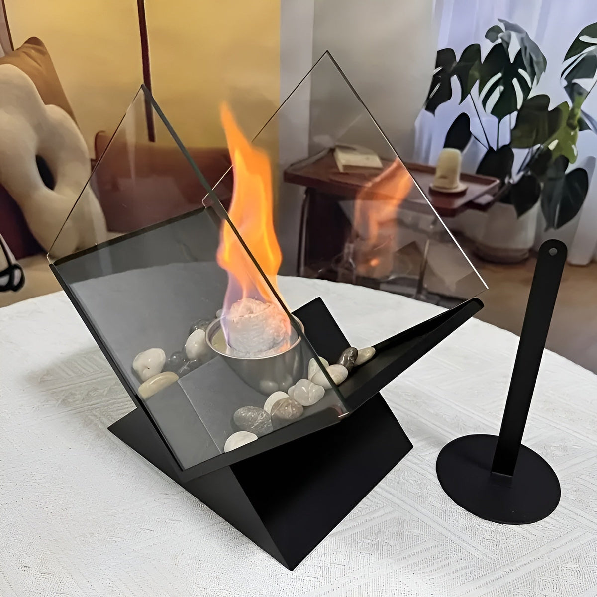 Tabletop Fireplace Bio-Ethanol Flame Mirrored Panels & Decorative Stones