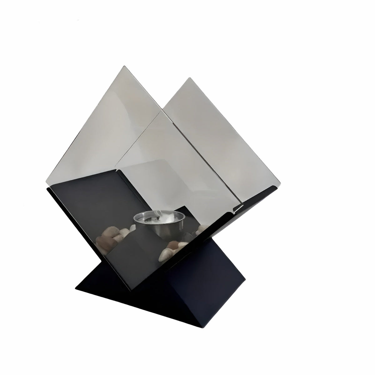 Tabletop Fireplace Bio-Ethanol Flame Mirrored Panels & Decorative Stones