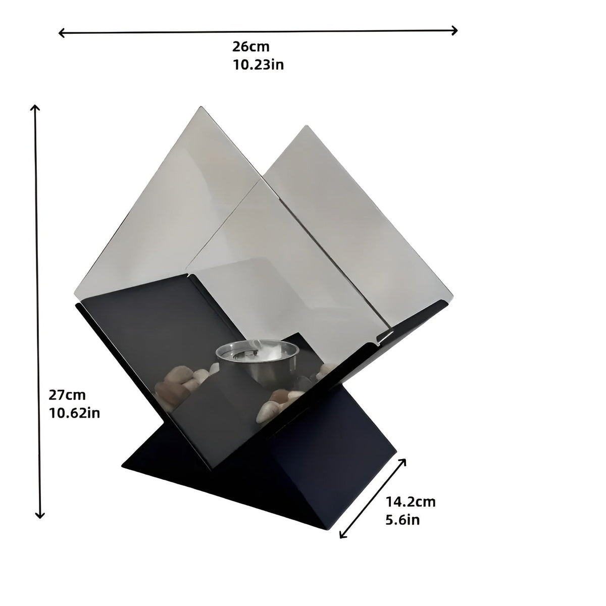 Tabletop Fireplace Bio-Ethanol Flame Mirrored Panels & Decorative Stones