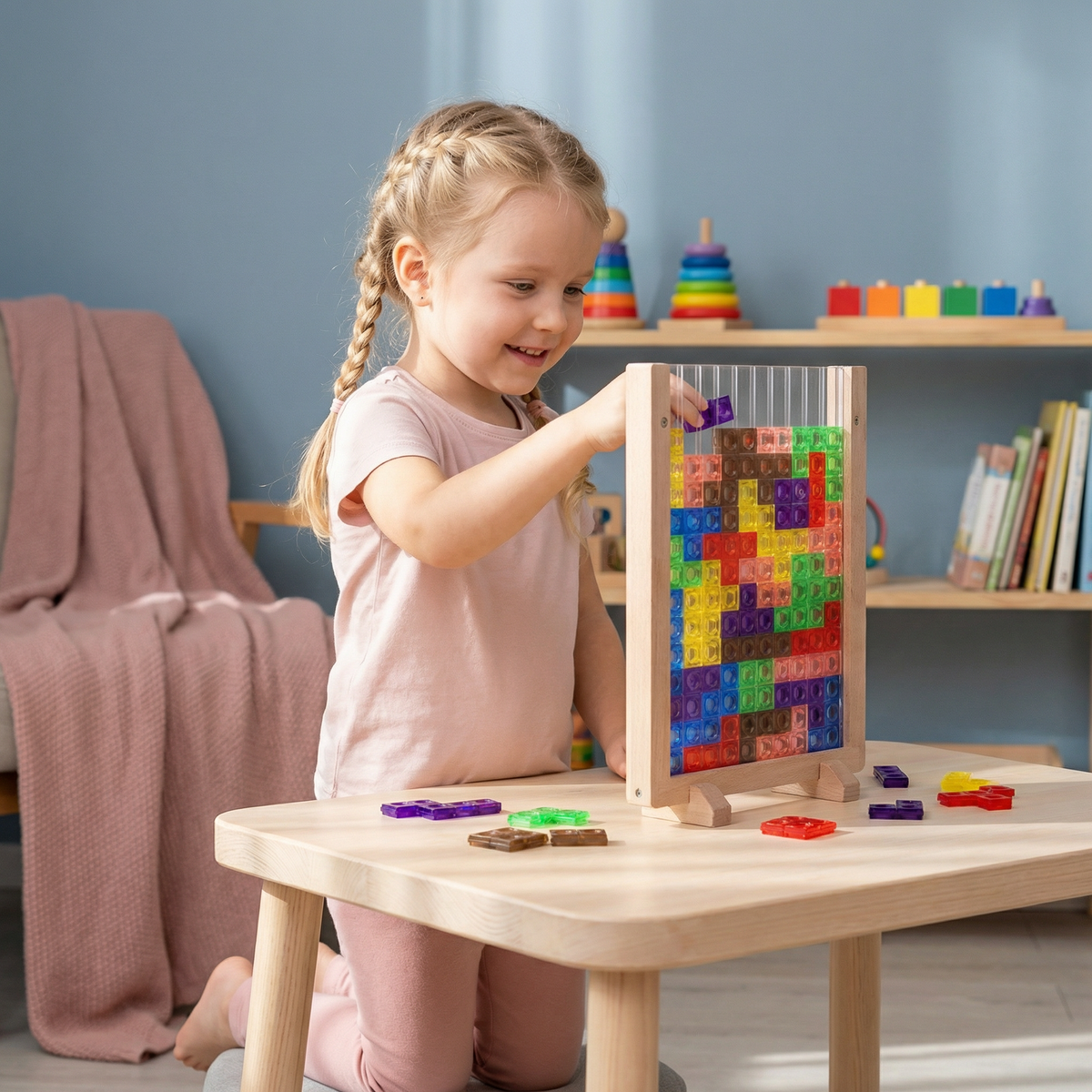 Toddler Puzzle Blocks Solid Wood Colorful Shapes
