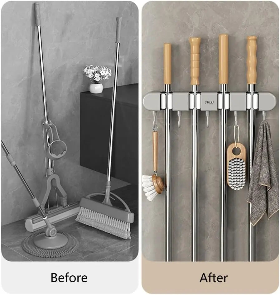 Wall Mount Broom & Mop Holder Four-Handle Space-Saving