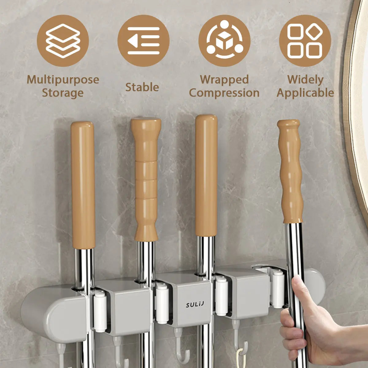 Wall Mount Broom & Mop Holder Four-Handle Space-Saving