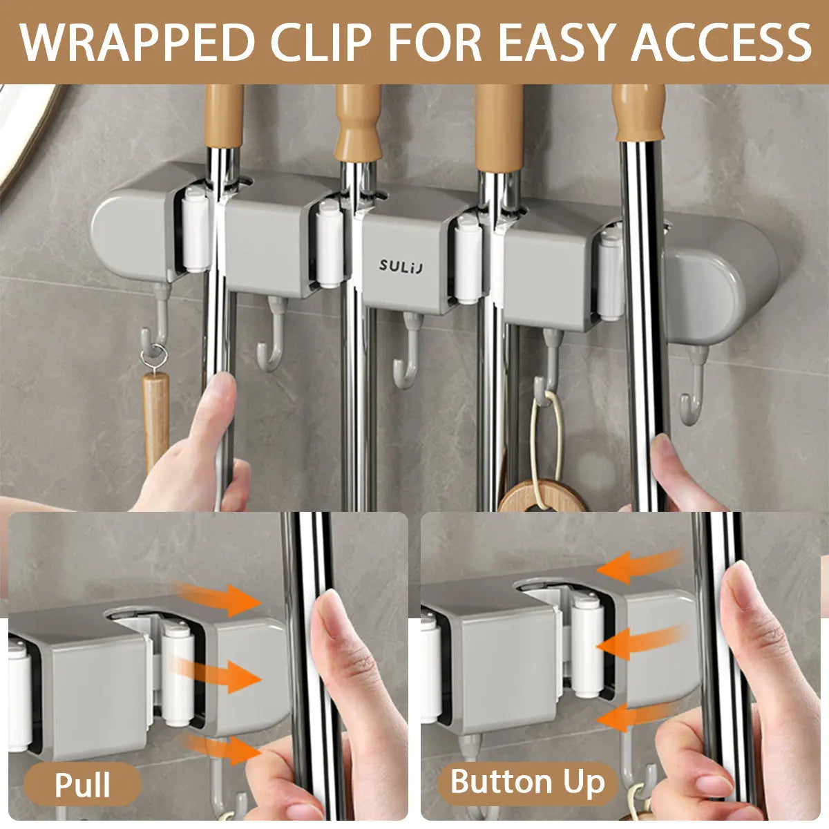 Wall Mount Broom & Mop Holder Four-Handle Space-Saving