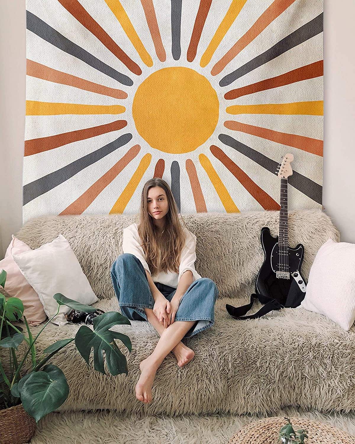 Wall Tapestry Sun Motif Cotton Blend Easy To Hang