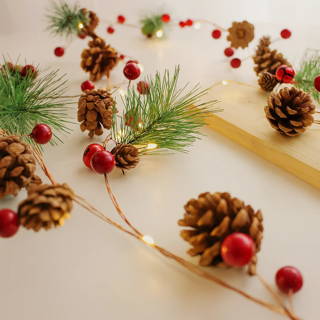 Charming Battery-Powered Holiday String Lights with Bells & Pine Cones