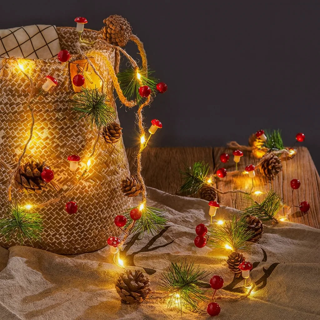 Charming Battery-Powered Holiday String Lights with Bells & Pine Cones