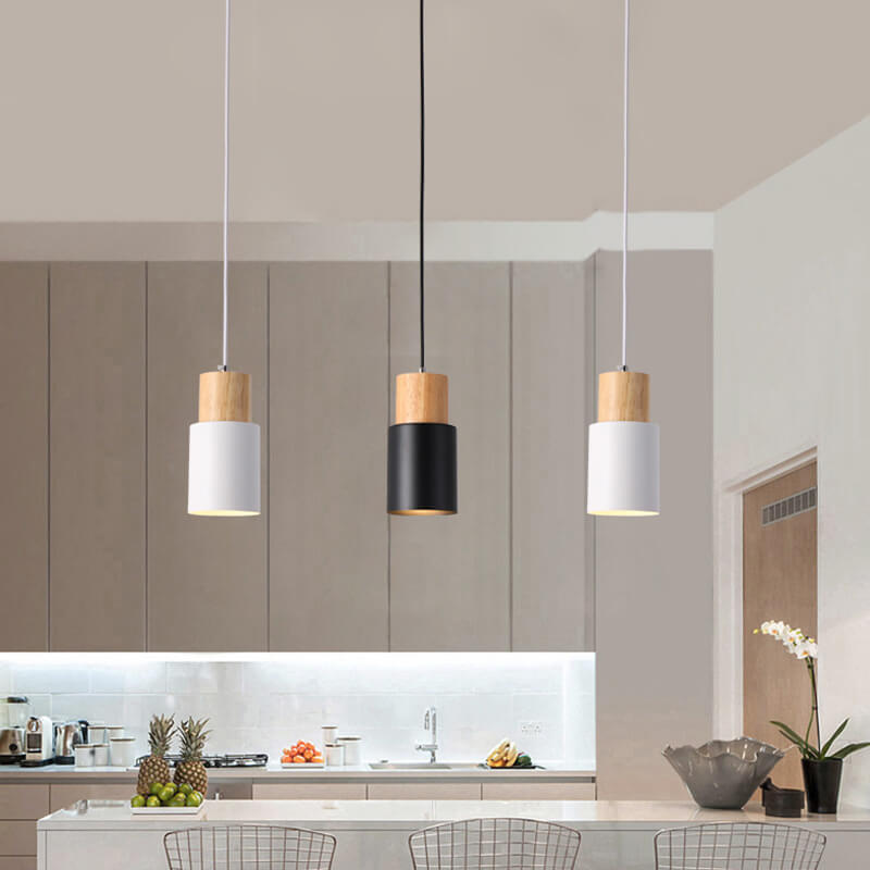 Scandinavian Elegance | Adjustable Cylinder Pendant Light with Wood Accents