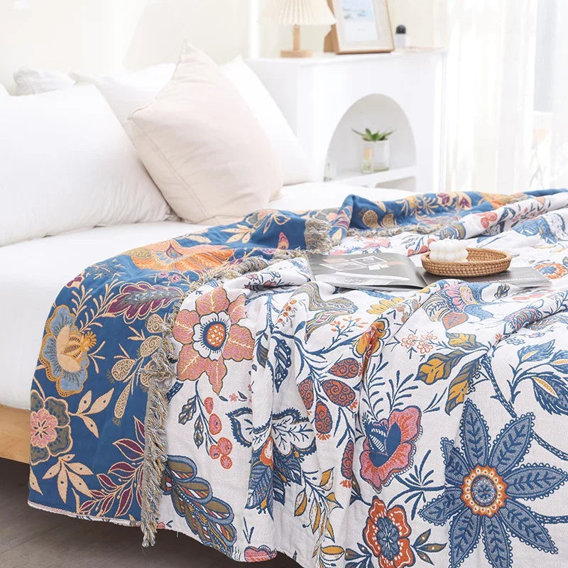 Charming Blooms Reversible Cotton Throw Blanket with Tassels