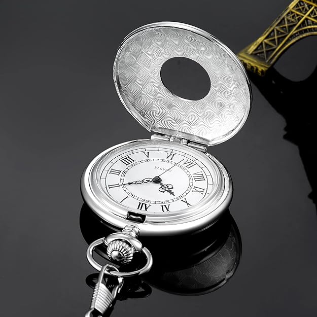 Classic Elegance | Silver Pocket Watch with Roman Numerals & Chain
